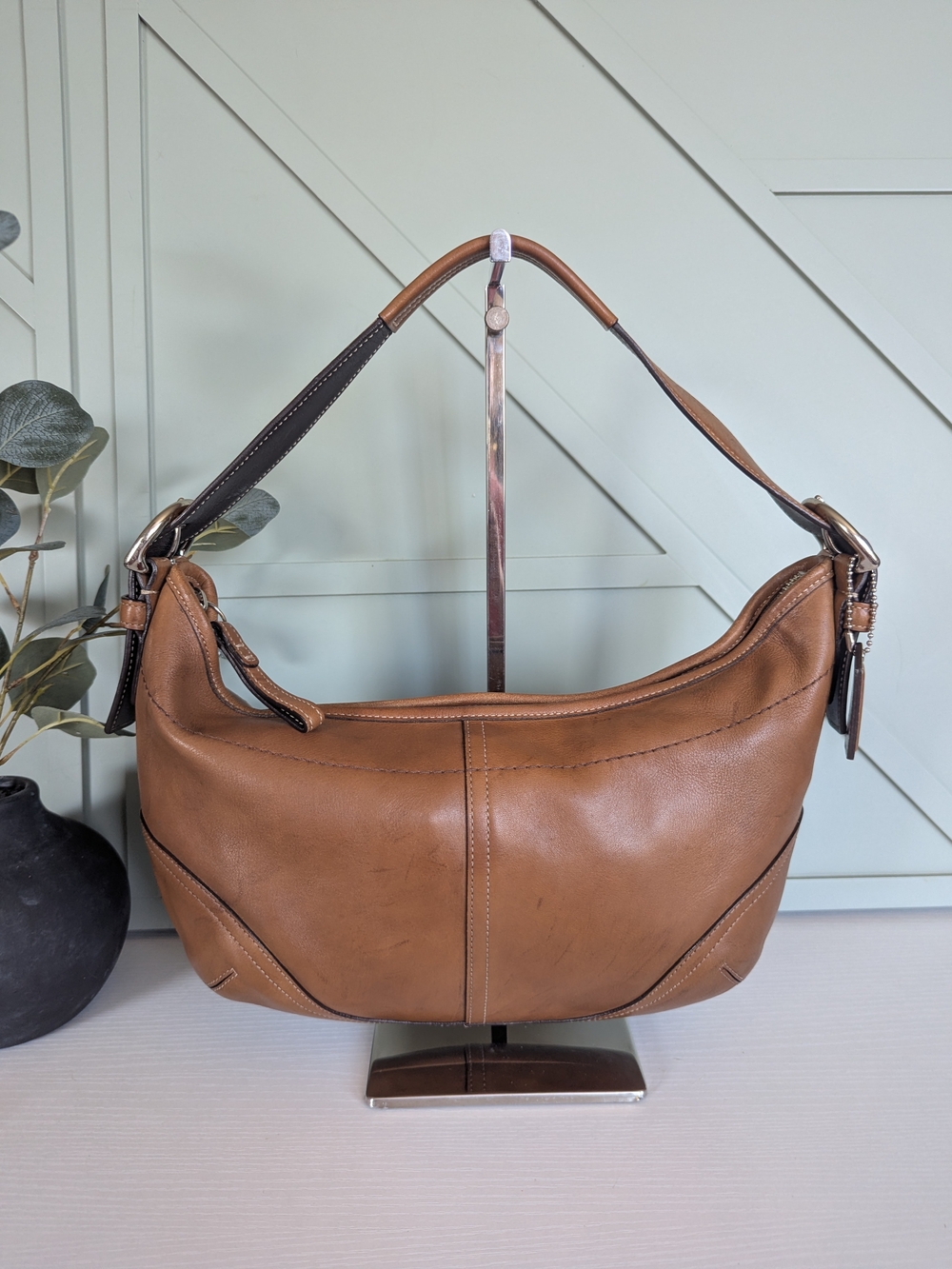 Coach Tan Leather Shoulder Hobo with Dark Brown Trim
